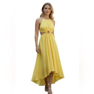 JOVEN Yellow Halter Cutout Midi Dress Ring Waist Resort Vacation Dress Size S